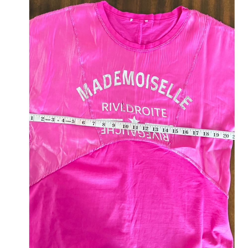Mademoiselle Rive Droite Neon Pink Mixed Media Graphic Tee Silver Metallic Star - Picture 7 of 9